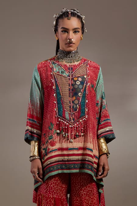 Aseem Kapoor Red Crepe Embroidery, Beads, Tassels Mitra Tribal Pattern Kurta And Trouser Set at Aza Fashions Aseem Kapoor_Red Crepe Embroidery, Beads, Tassels Mitra Tribal Pattern Kurta And Trouser Set _at_Aza_Fashions