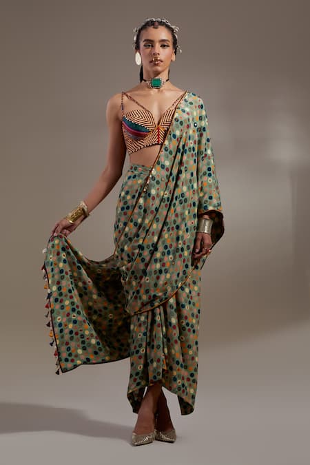 Aseem Kapoor Green Crepe Tassels Soma Pattern Pre-draped Saree 
