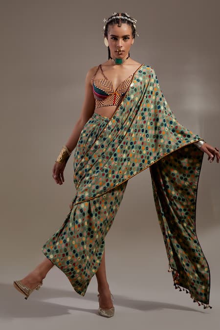 Shop Aseem Kapoor Green Crepe Tassels Soma Pattern Pre-draped Saree Online at Aza Fashions Shop_Aseem Kapoor_Green Crepe Tassels Soma Pattern Pre-draped Saree _Online_at_Aza_Fashions
