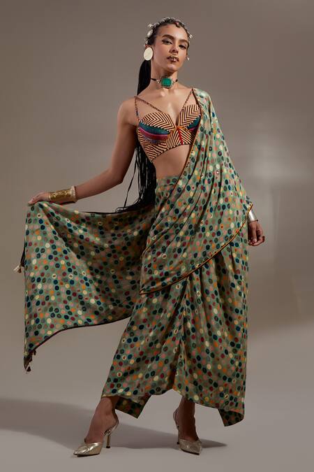 Buy Aseem Kapoor Green Crepe Tassels Soma Pattern Pre-draped Saree Buy_Aseem Kapoor_Green Crepe Tassels Soma Pattern Pre-draped Saree