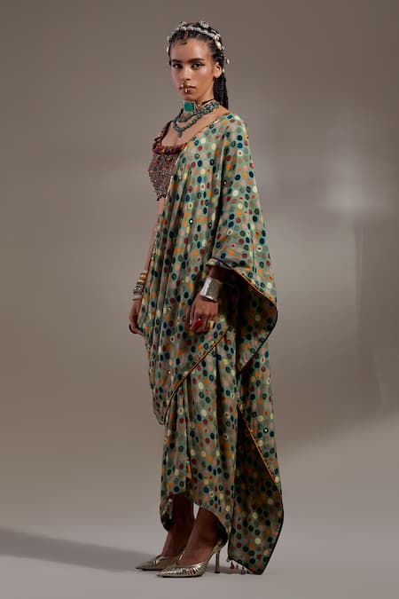 Aseem Kapoor_Brown Cotton, Silk, Crepe Embroidery, Beads Soma Pre-draped Saree And Blouse Set _Online_at_Aza_Fashions