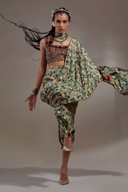 Aseem Kapoor_Brown Cotton, Silk, Crepe Embroidery, Beads Soma Pre-draped Saree And Blouse Set _at_Aza_Fashions