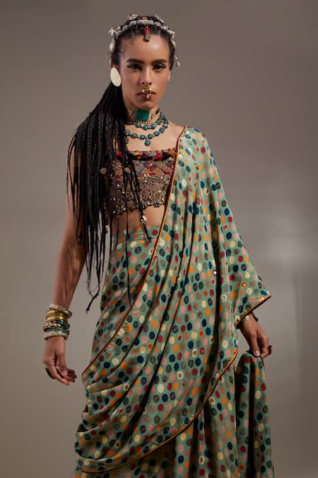 Buy_Aseem Kapoor_Brown Cotton, Silk, Crepe Embroidery, Beads Soma Pre-draped Saree And Blouse Set 