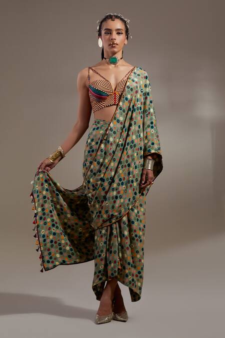 Buy_Aseem Kapoor_Multi Color Cotton, Silk, Crepe Tassels Soma Pre-draped Saree And Blouse Set _Online_at_Aza_Fashions