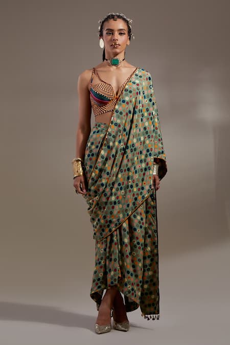 Shop_Aseem Kapoor_Multi Color Cotton, Silk, Crepe Tassels Soma Pre-draped Saree And Blouse Set _Online_at_Aza_Fashions