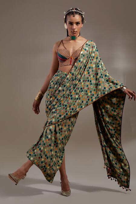 Aseem Kapoor_Multi Color Cotton, Silk, Crepe Tassels Soma Pre-draped Saree And Blouse Set _at_Aza_Fashions