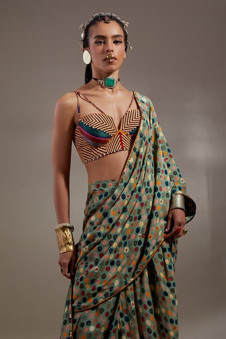 Buy_Aseem Kapoor_Multi Color Cotton, Silk, Crepe Tassels Soma Pre-draped Saree And Blouse Set 