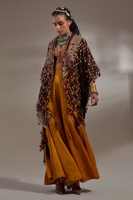 Aseem Kapoor Black Silk Embroidery, Beads, Tassels Open Neck Veni Resham Work Jacket 