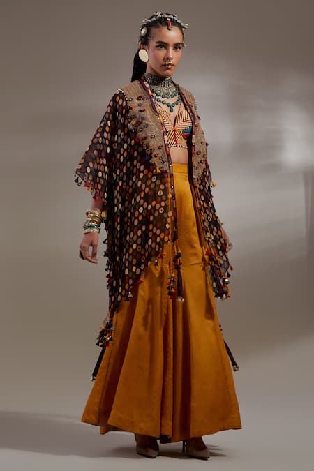 Aseem Kapoor Black Silk Embroidery, Beads, Tassels Open Neck Veni Resham Work Jacket at Aza Fashions Aseem Kapoor_Black Silk Embroidery, Beads, Tassels Open Neck Veni Resham Work Jacket _at_Aza_Fashions