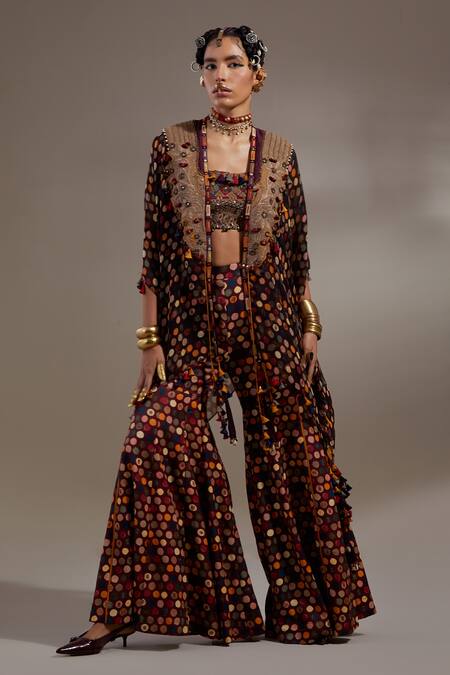 Buy_Aseem Kapoor_Burgundy Silk, Cotton, Crepe Veni Tribal Pattern Jacket And Trouser Set _Online_at_Aza_Fashions