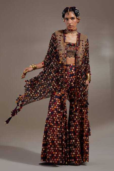 Aseem Kapoor_Burgundy Silk, Cotton, Crepe Veni Tribal Pattern Jacket And Trouser Set _at_Aza_Fashions