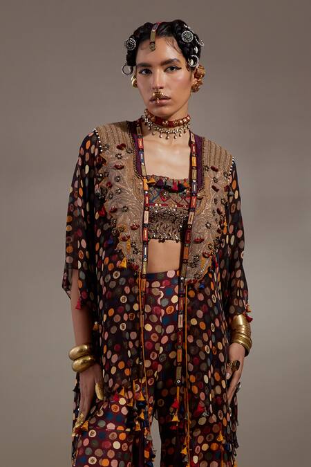 Shop_Aseem Kapoor_Burgundy Silk, Cotton, Crepe Veni Tribal Pattern Jacket And Trouser Set 