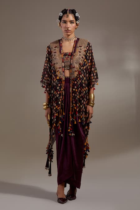 Aseem Kapoor Black Silk, Cotton Embroidery, Beads, Veni Tribal Pattern Jacket And Skirt Set Online at Aza Fashions Aseem Kapoor_Black Silk, Cotton Embroidery, Beads, Veni Tribal Pattern Jacket And Skirt Set _Online_at_Aza_Fashions