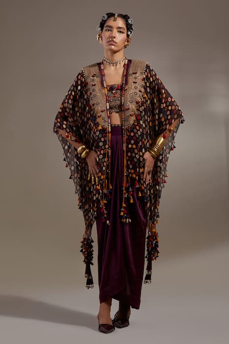 Aseem Kapoor Black Silk, Cotton Embroidery, Beads, Veni Tribal Pattern Jacket And Skirt Set