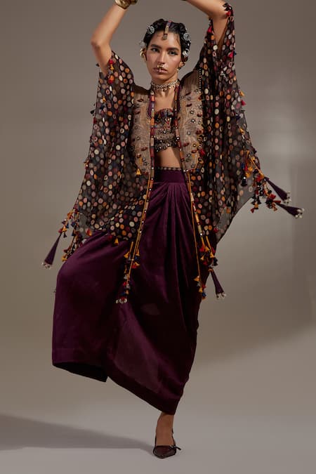 Aseem Kapoor Black Silk, Cotton Embroidery, Beads, Veni Tribal Pattern Jacket And Skirt Set at Aza Fashions Aseem Kapoor_Black Silk, Cotton Embroidery, Beads, Veni Tribal Pattern Jacket And Skirt Set _at_Aza_Fashions