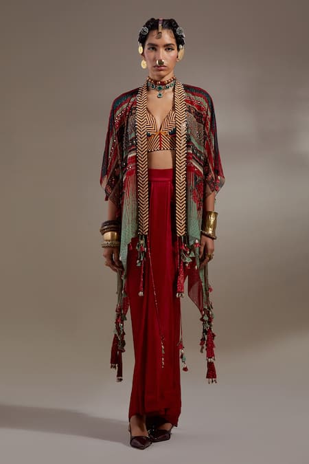 Aseem Kapoor Red Silk, Cotton Tassels, Beads, Embroidery Veni Pattern Jacket And Skirt Set 