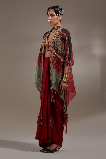 Buy Aseem Kapoor Red Silk, Cotton Tassels, Beads, Embroidery Veni Pattern Jacket And Skirt Set Online at Aza Fashions Buy_Aseem Kapoor_Red Silk, Cotton Tassels, Beads, Embroidery Veni Pattern Jacket And Skirt Set _Online_at_Aza_Fashions