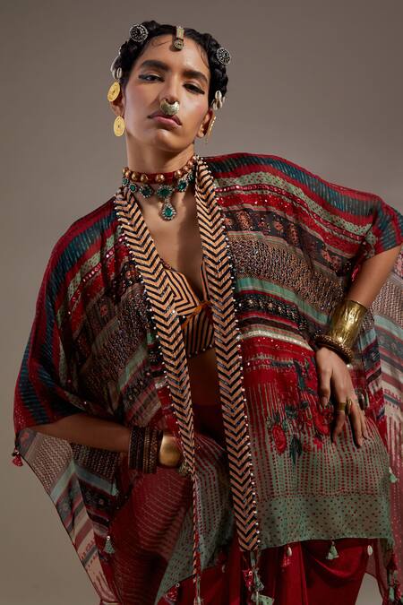 Shop Aseem Kapoor Red Silk, Cotton Tassels, Beads, Embroidery Veni Pattern Jacket And Skirt Set Shop_Aseem Kapoor_Red Silk, Cotton Tassels, Beads, Embroidery Veni Pattern Jacket And Skirt Set