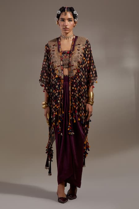 Shop Aseem Kapoor Black Embroidery, Mirrors, Tassels, Sequins, Tribal Pattern Jacket And Skirt Set Online at Aza Fashions Shop_Aseem Kapoor_Black Embroidery, Mirrors, Tassels, Sequins, Tribal Pattern Jacket And Skirt Set _Online_at_Aza_Fashions