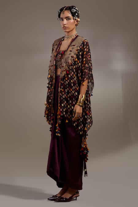 Aseem Kapoor Black Embroidery, Mirrors, Tassels, Sequins, Tribal Pattern Jacket And Skirt Set at Aza Fashions Aseem Kapoor_Black Embroidery, Mirrors, Tassels, Sequins, Tribal Pattern Jacket And Skirt Set _at_Aza_Fashions