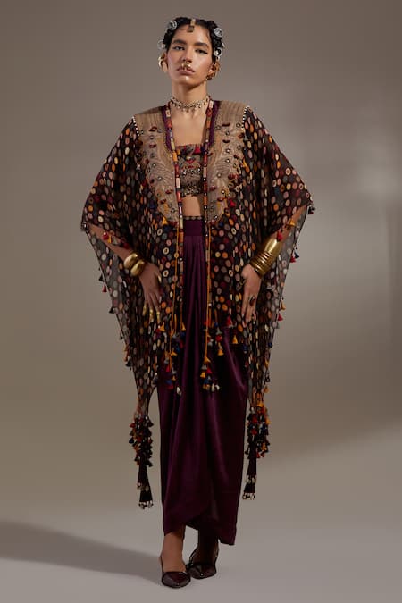 Aseem Kapoor Black Embroidery, Mirrors, Tassels, Sequins, Tribal Pattern Jacket And Skirt Set 