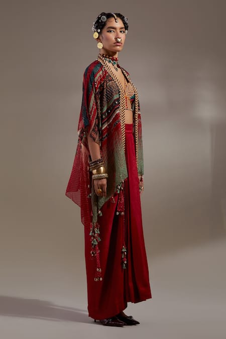 Aseem Kapoor Red Silk Embroidery, Beads, Tassels Open Neck Veni Dupatta Jacket Online at Aza Fashions Aseem Kapoor_Red Silk Embroidery, Beads, Tassels Open Neck Veni Dupatta Jacket _Online_at_Aza_Fashions