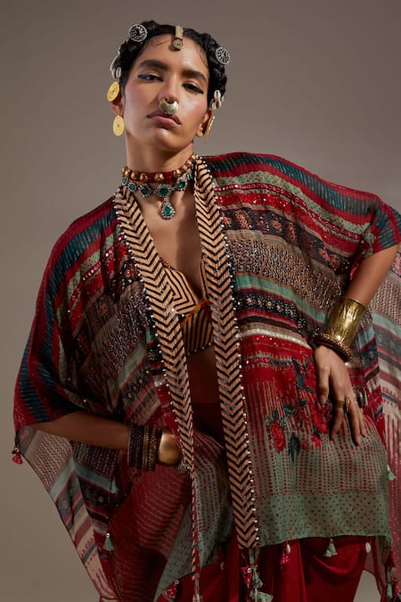 Shop Aseem Kapoor Red Silk Embroidery, Beads, Tassels Open Neck Veni Dupatta Jacket Online at Aza Fashions Shop_Aseem Kapoor_Red Silk Embroidery, Beads, Tassels Open Neck Veni Dupatta Jacket _Online_at_Aza_Fashions