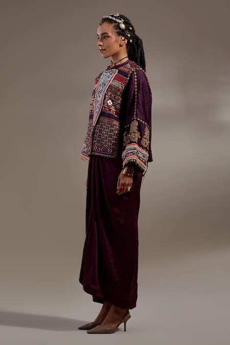 Aseem Kapoor_Purple Silk Embroidery, Beads, Tassels Round Neck Koji Big Jacket _Online_at_Aza_Fashions