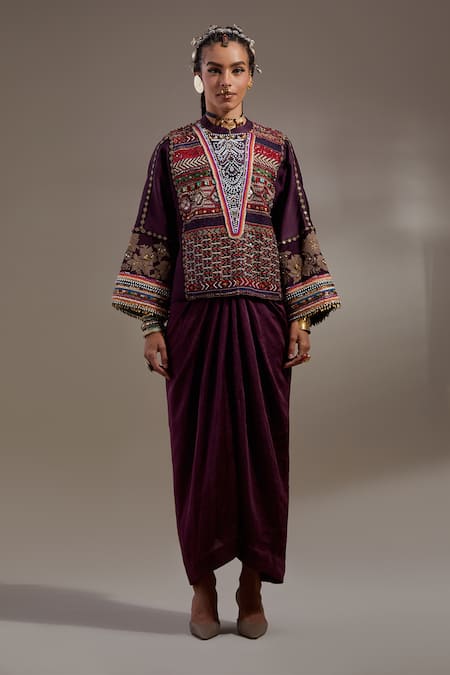 Shop_Aseem Kapoor_Purple Silk Embroidery, Beads, Tassels Round Neck Koji Big Jacket _Online_at_Aza_Fashions