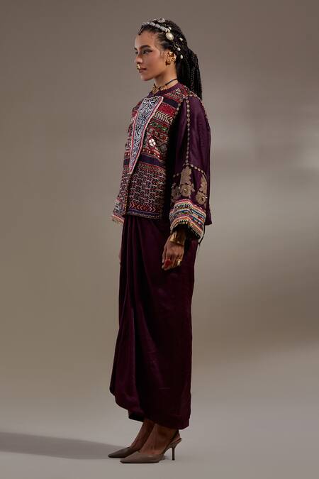 Aseem Kapoor_Purple Crinkle Embroidery, Beads, Tassels Koji Pattern Jacket And Dress Set _Online_at_Aza_Fashions