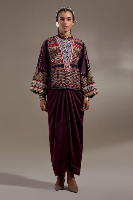 Aseem Kapoor Purple Crinkle Embroidery, Beads, Tassels Koji Pattern Jacket And Dress Set 