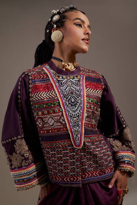 Aseem Kapoor_Purple Crinkle Embroidery, Beads, Tassels Koji Pattern Jacket And Dress Set _at_Aza_Fashions