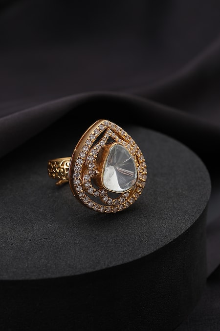 Shop_Swabhimann_Gold Plated Stones, Faux Diamonds, Crystals Polki Adjustable Ring _at_Aza_Fashions