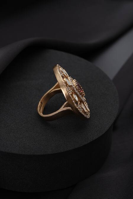 Swabhimann_Gold Plated Stones Red Polki Adjustable Ring _Online_at_Aza_Fashions