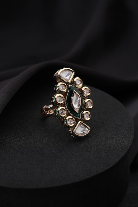 Shop_Swabhimann_Gold Plated Stones Green Kundan Adjustable Ring _at_Aza_Fashions