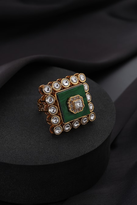 Shop_Swabhimann_Gold Plated Stones, Pearls Green Kundan Adjustable Ring _at_Aza_Fashions