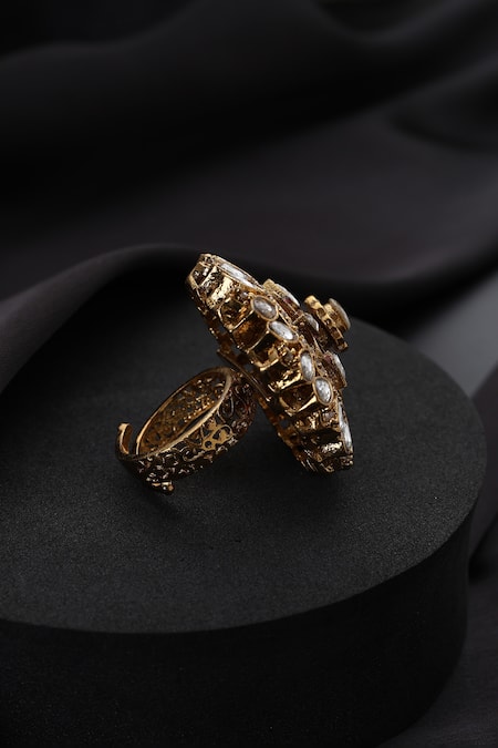 Swabhimann_Gold Plated Stones Red Polki Adjustable Ring _Online_at_Aza_Fashions