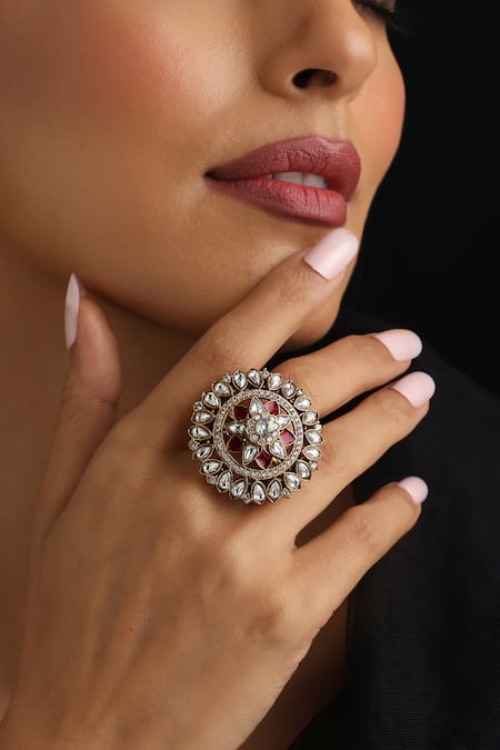 Swabhimann Gold Plated Stones Red Polki Adjustable Ring 