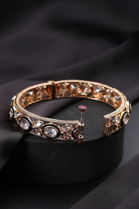 Swabhimann_Rose Gold Stones, Pearls Green Polki Kada _Online_at_Aza_Fashions