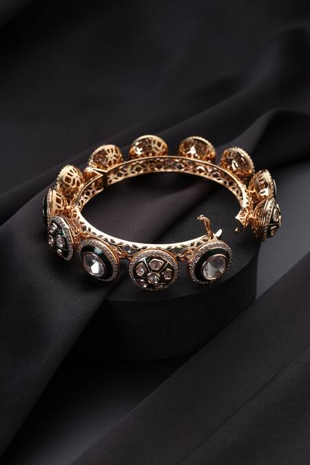 Swabhimann_Rose Gold Stones Green Polki Pacheli Kada _Online_at_Aza_Fashions