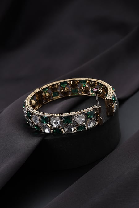 Swabhimann_Gold Plated Stones Green Polki Kada _Online_at_Aza_Fashions