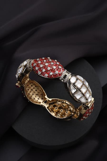 Shop_Swabhimann_Gold Plated Stones, Rhinestones Red Polki Kada _at_Aza_Fashions