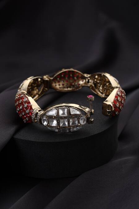Swabhimann_Gold Plated Stones, Rhinestones Red Polki Kada _Online_at_Aza_Fashions