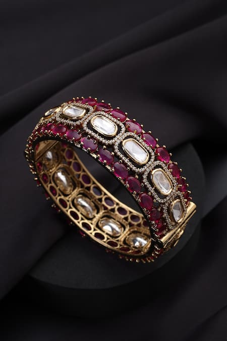 Shop_Swabhimann_Gold Plated Stones Red Polki Kada _at_Aza_Fashions