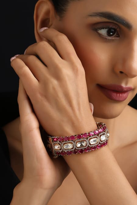 Swabhimann Gold Plated Stones Red Polki Kada 