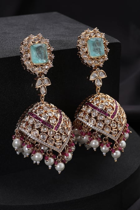 Shop_Swabhimann_Multi Color Pearls, Stones Multicolour Polki Jhumka Earrings _at_Aza_Fashions