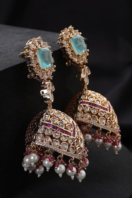 Swabhimann_Multi Color Pearls, Stones Multicolour Polki Jhumka Earrings _Online_at_Aza_Fashions