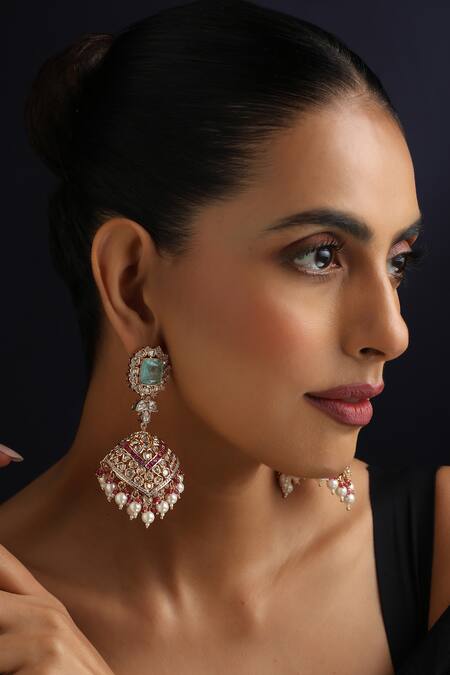 Buy_Swabhimann_Multi Color Pearls, Stones Multicolour Polki Jhumka Earrings _Online_at_Aza_Fashions