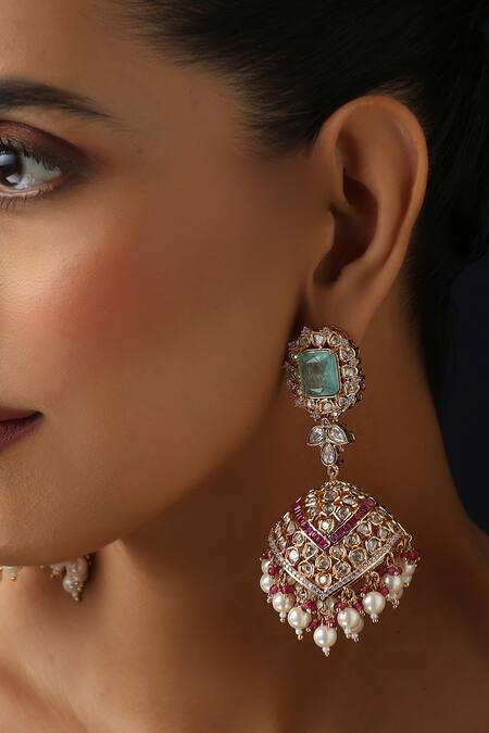 Shop_Swabhimann_Multi Color Pearls, Stones Multicolour Polki Jhumka Earrings _Online_at_Aza_Fashions