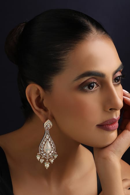 Swabhimann Rose Gold Pearls, Stones, Beads Pink Meena Polki Dangler Earrings 